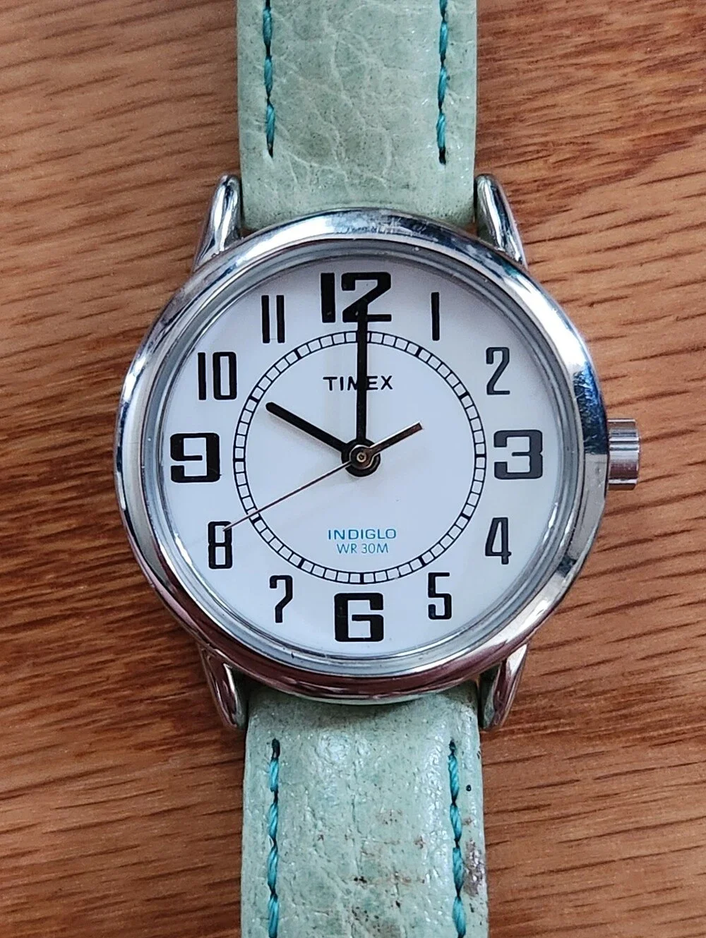 Timex Indiglo WR 30m Mint Green Leather Strap Watch with Silver Case